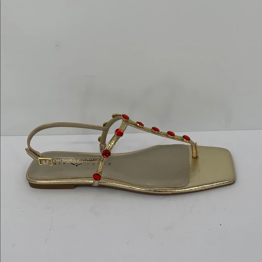 Katy Perry Camie Gemstone sandal shoe gold metallic red t-strap flat ruby new 10